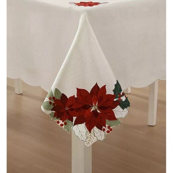 Elrene christmas holiday Poinsettia Cutwork Fabric Tablecloth, 60" x 84"